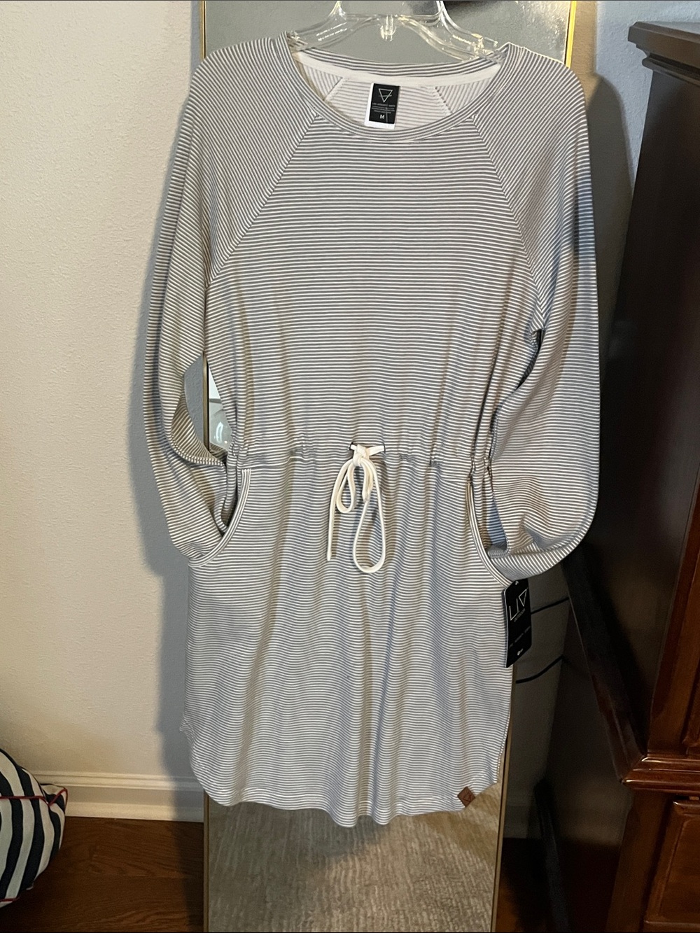 Striped Drawstring Waist Casual Dress - White & Light Gray